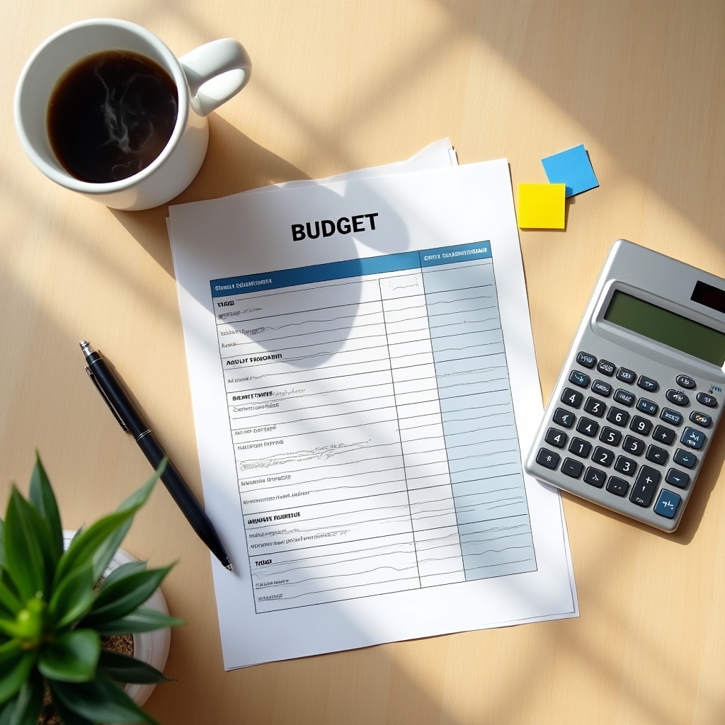 Tablica kućnog proračuna s kalkulatorom i kavom na drvenom stolu