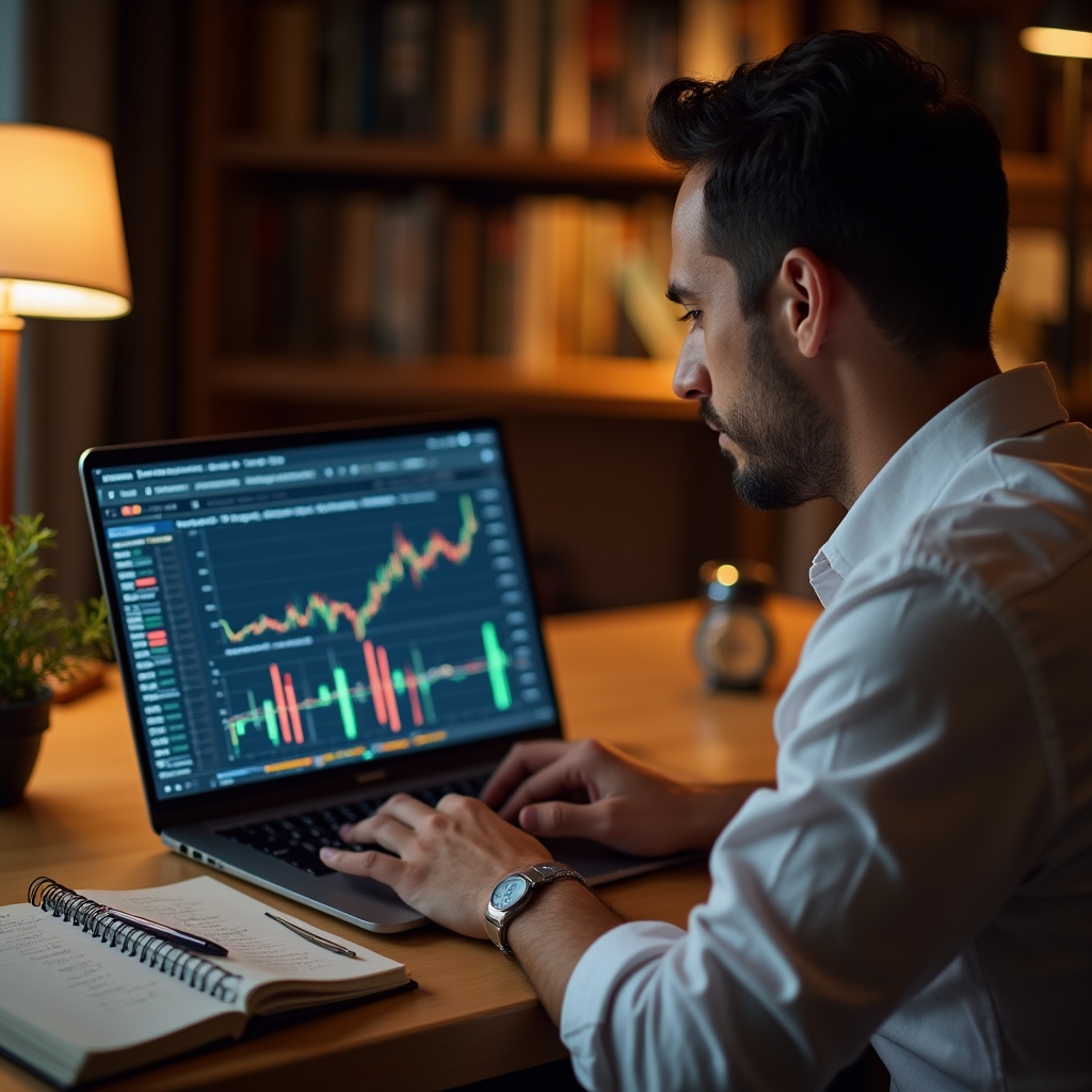 Osoba koristi laptop za proučavanje financijskih tema za stolom