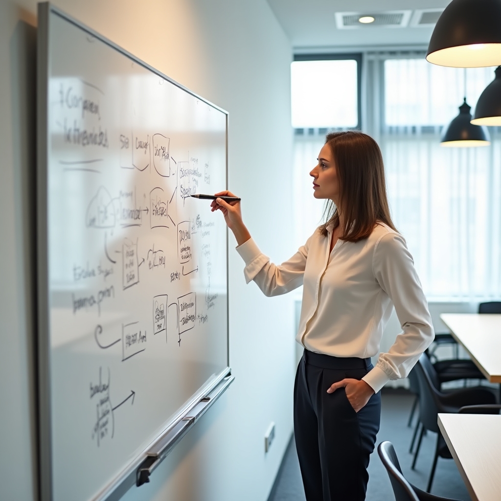 Educator explaining financial concepts using a whiteboard in a modern setting