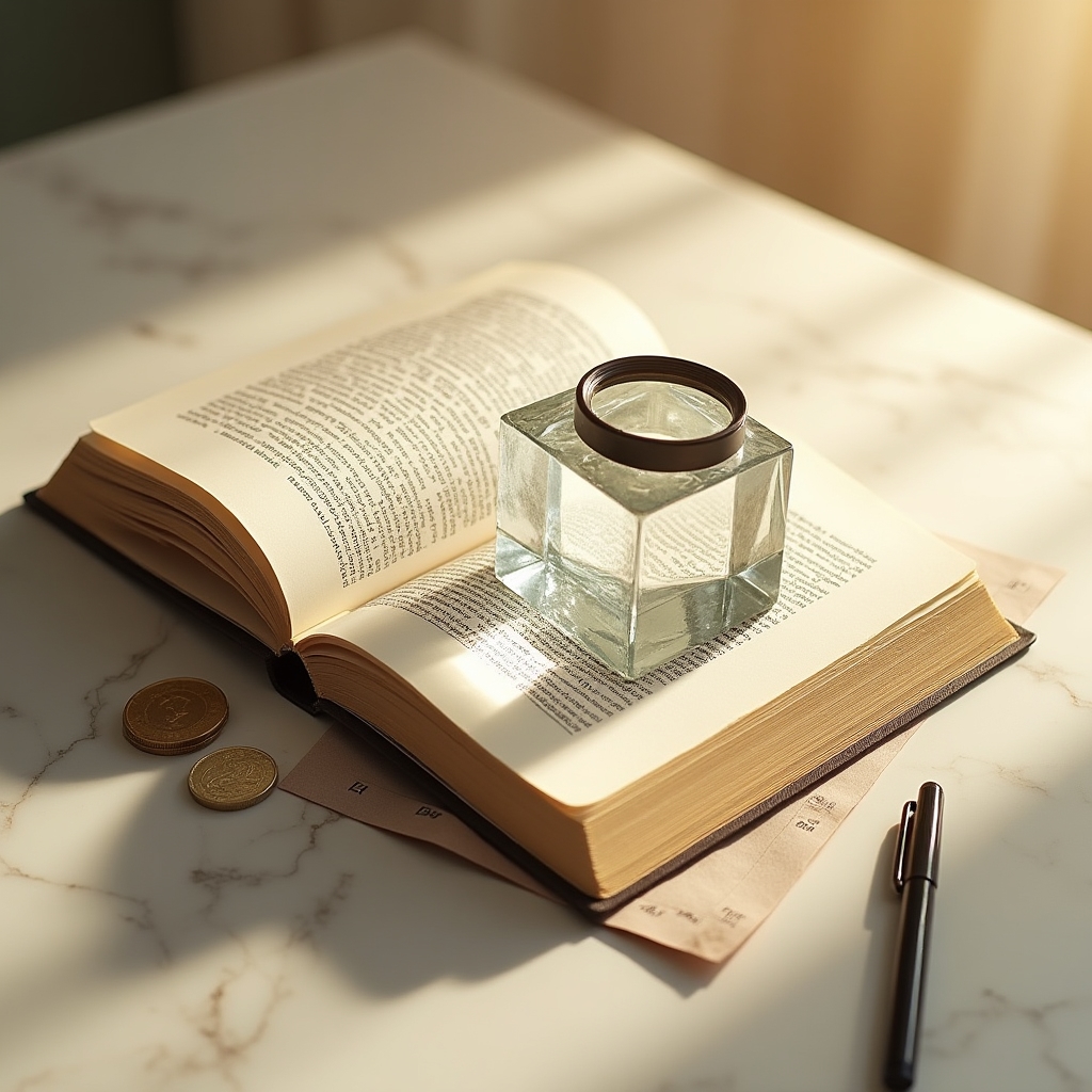 Open book with financial documents and transparent glass elements representing clarity